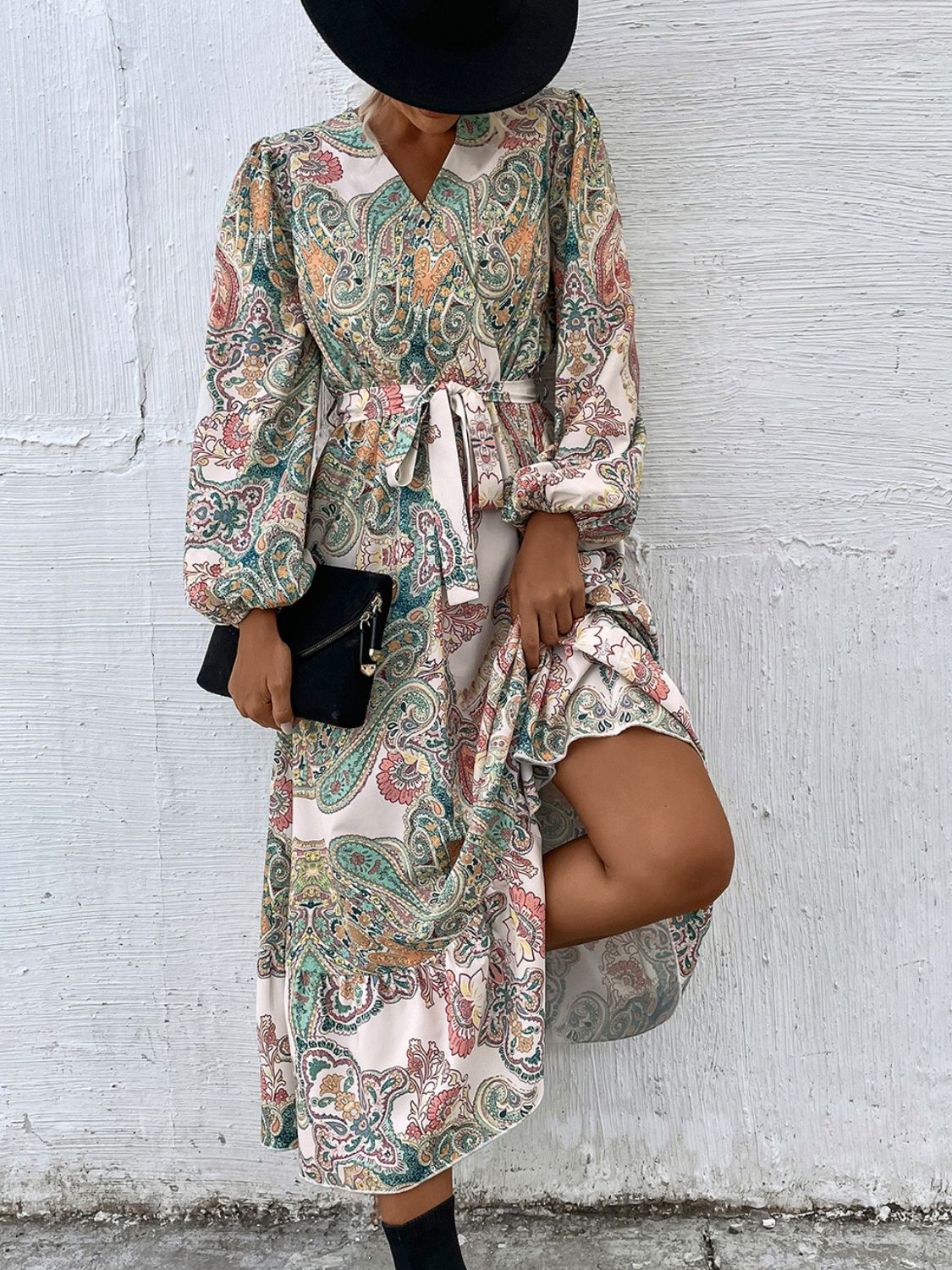 Paisley Belted Balloon Sleeve Surplice Dress