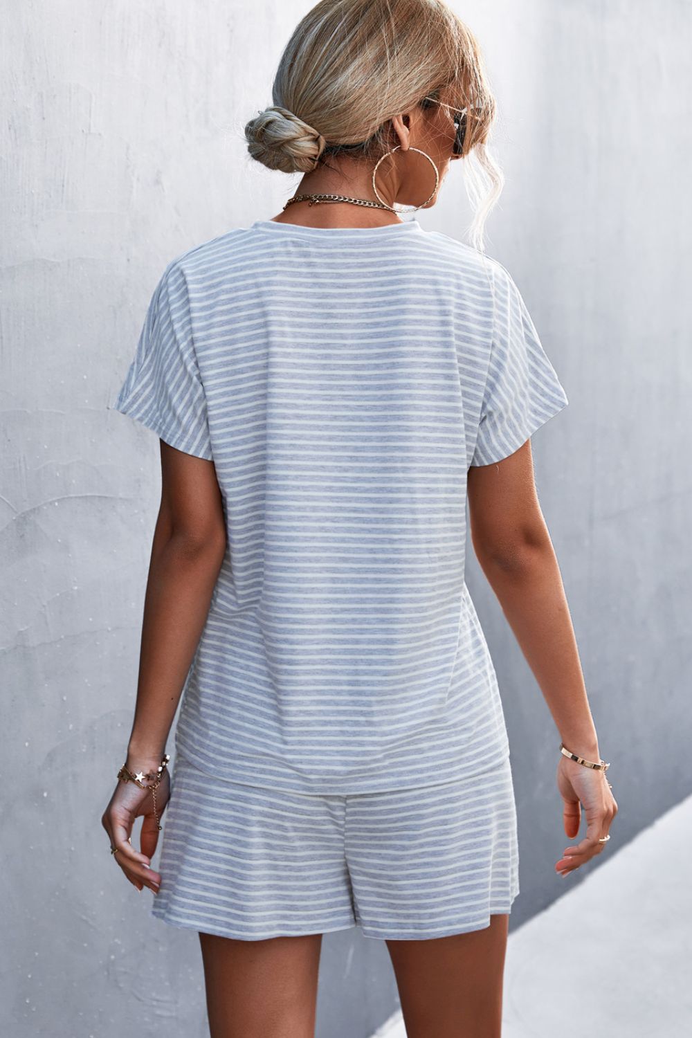 Striped Round Neck Tee and Shorts Set