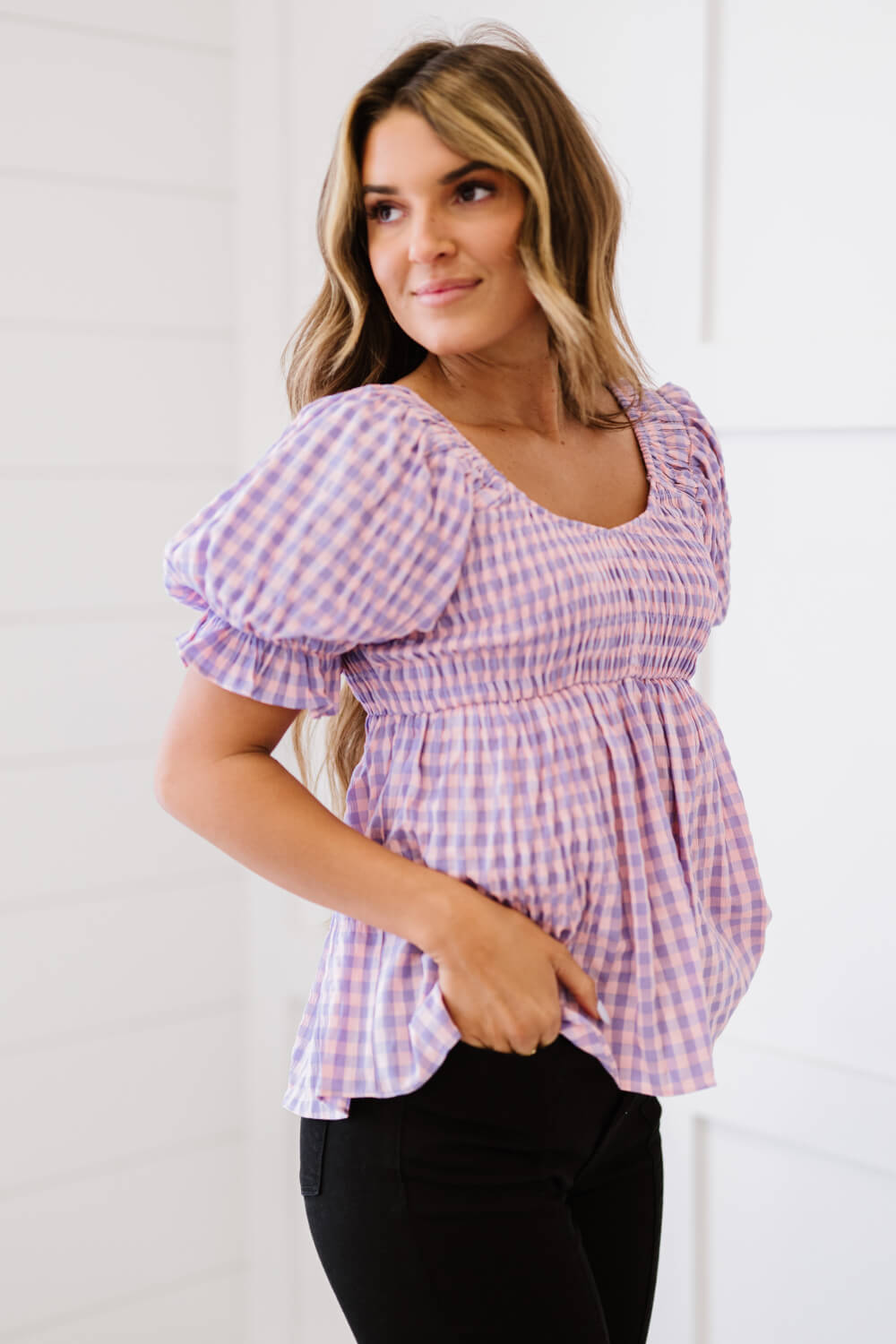 Davi & Dani Youthful Days Full Size Run Gingham Smocked Babydoll Top