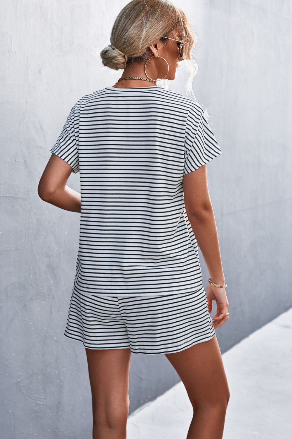 Striped Round Neck Tee and Shorts Set