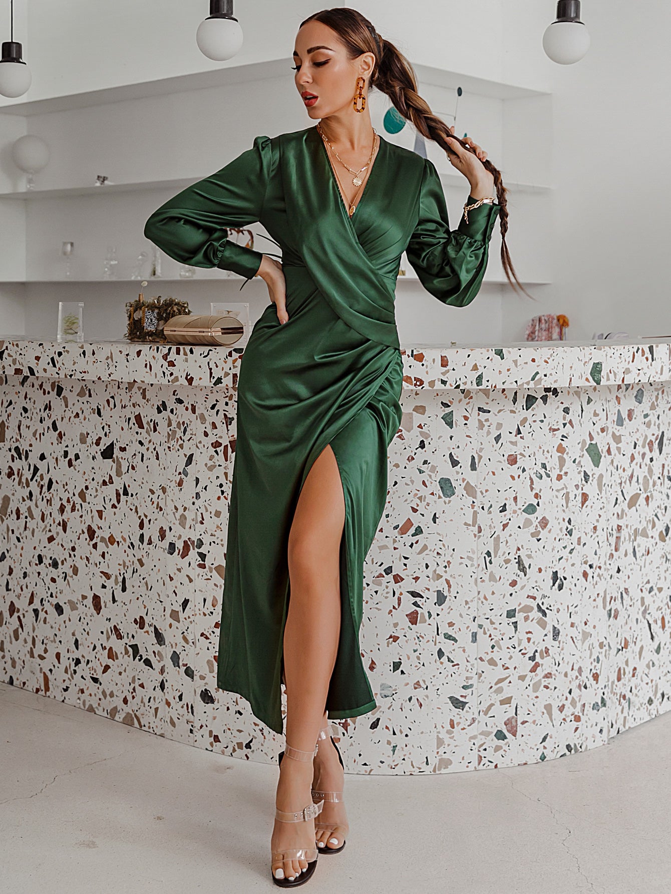 Surplice Bubble Sleeve Midi Dress