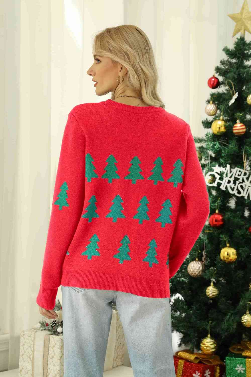 Christmas Tree Round Neck Ribbed Trim Sweater