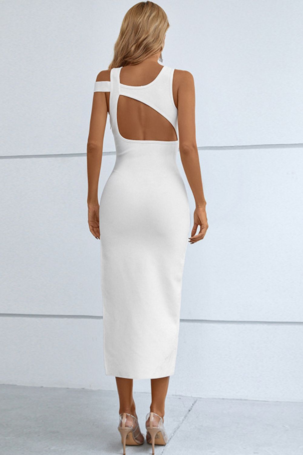 Cutout Round Neck Side Split Midi Bandage Dress