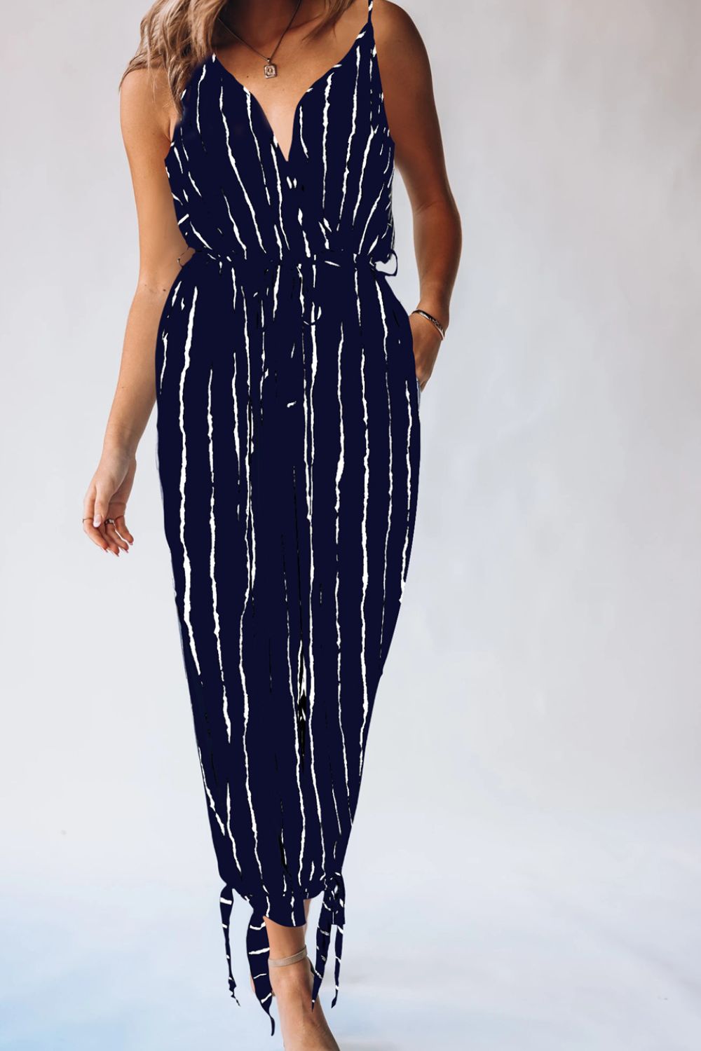 Striped Contrast Tie Ankle Spaghetti Strap Jumpsuit