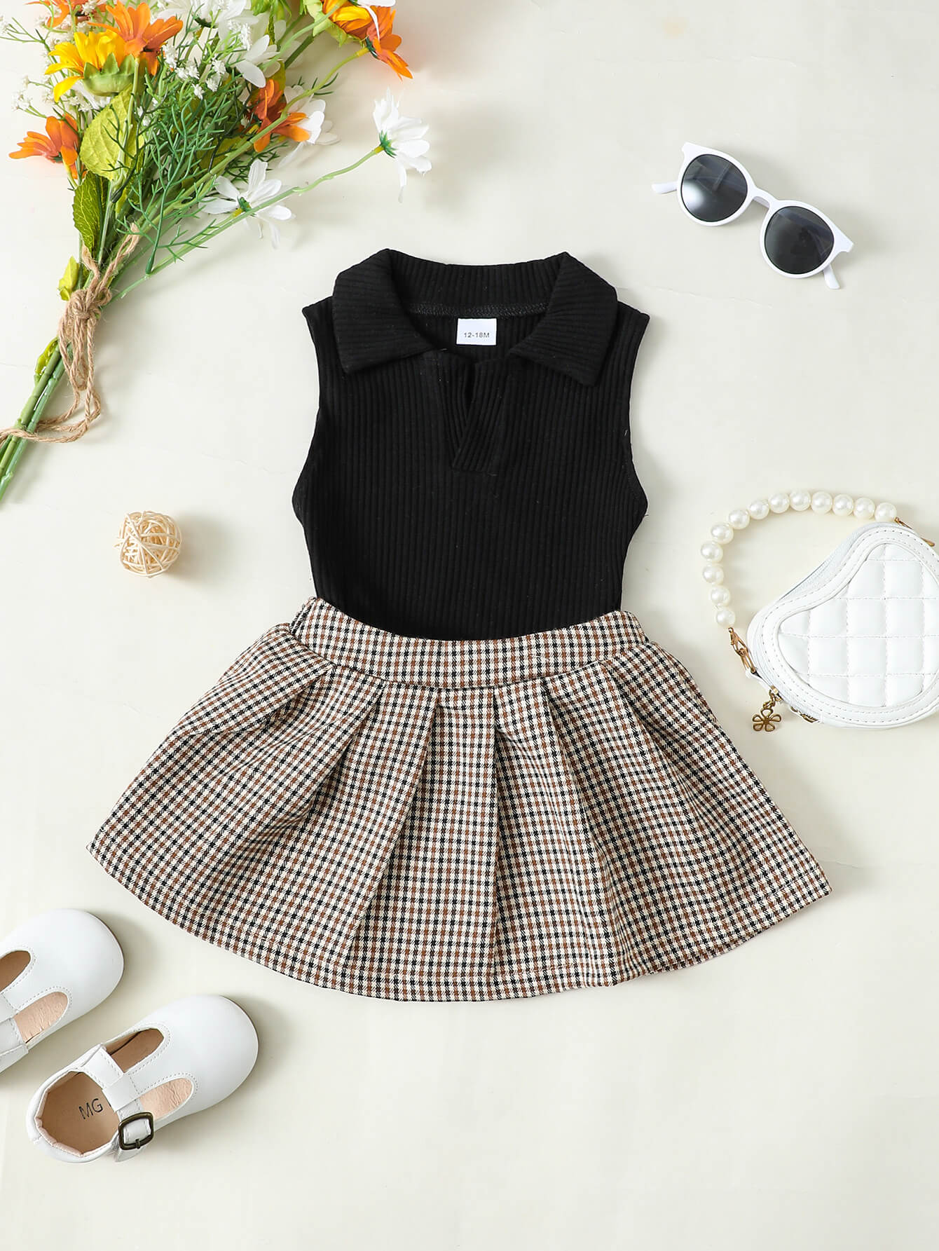 Girls Ribbed Sleeveless Top and Plaid Skirt Set