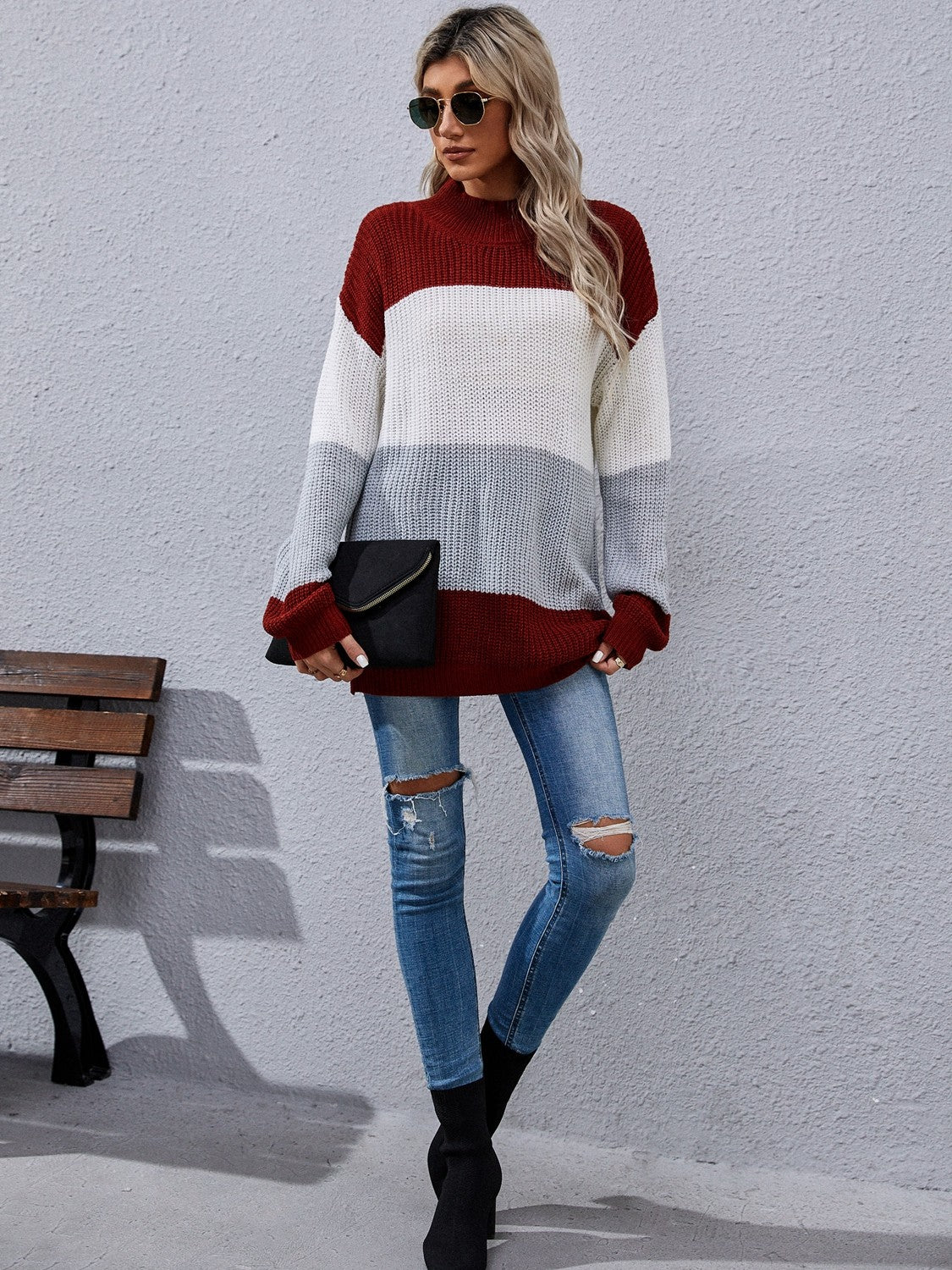 Color Block Rib-Knit Tunic Sweater