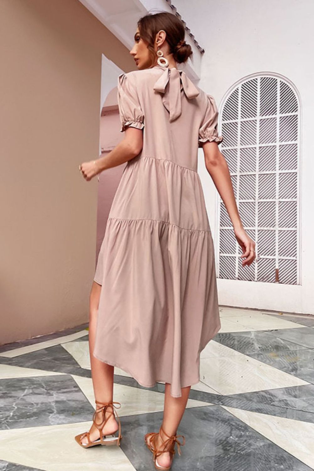 Short Puff Sleeve High-Low Tiered Dress