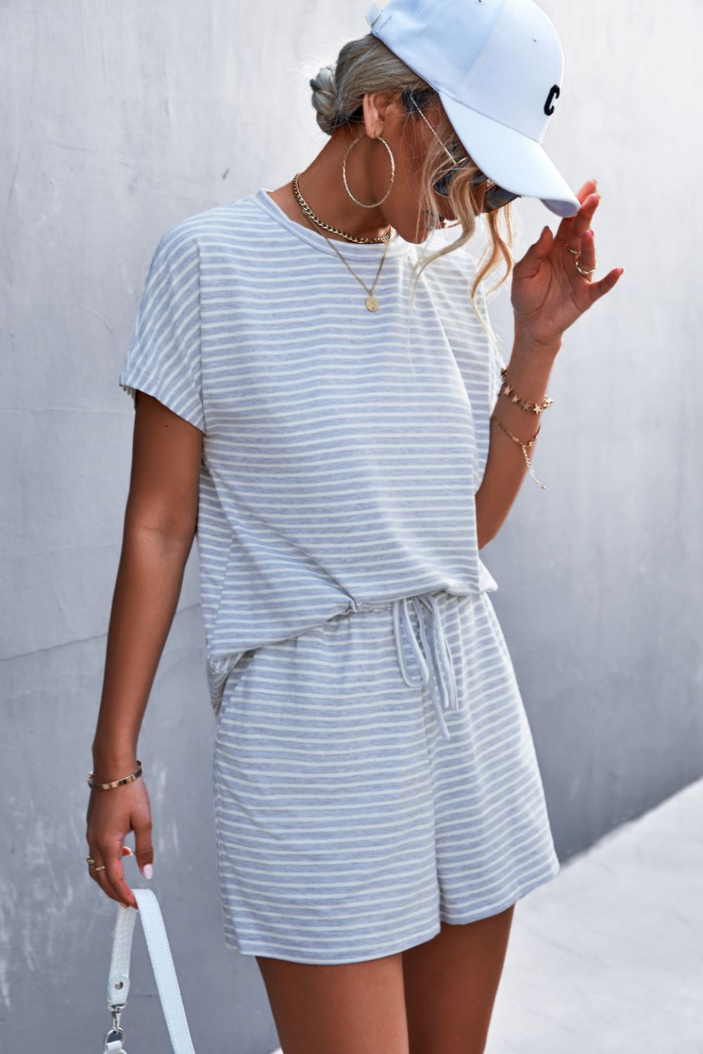 Striped Round Neck Tee and Shorts Set