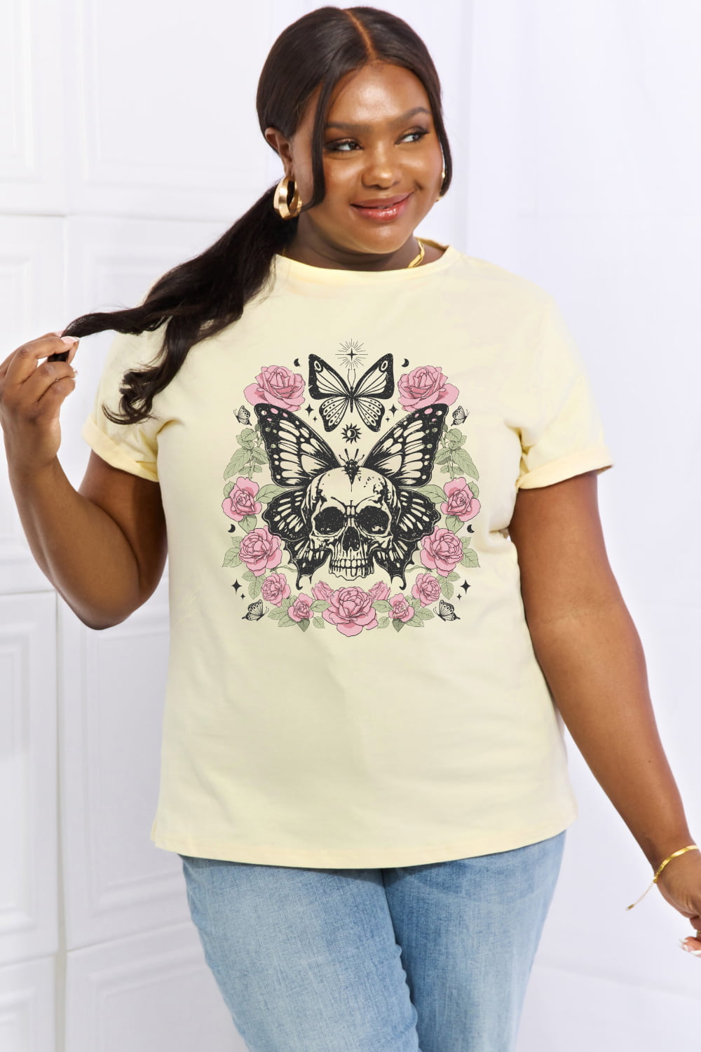 Simply Love Full Size Skull & Butterfly Graphic Cotton Tee