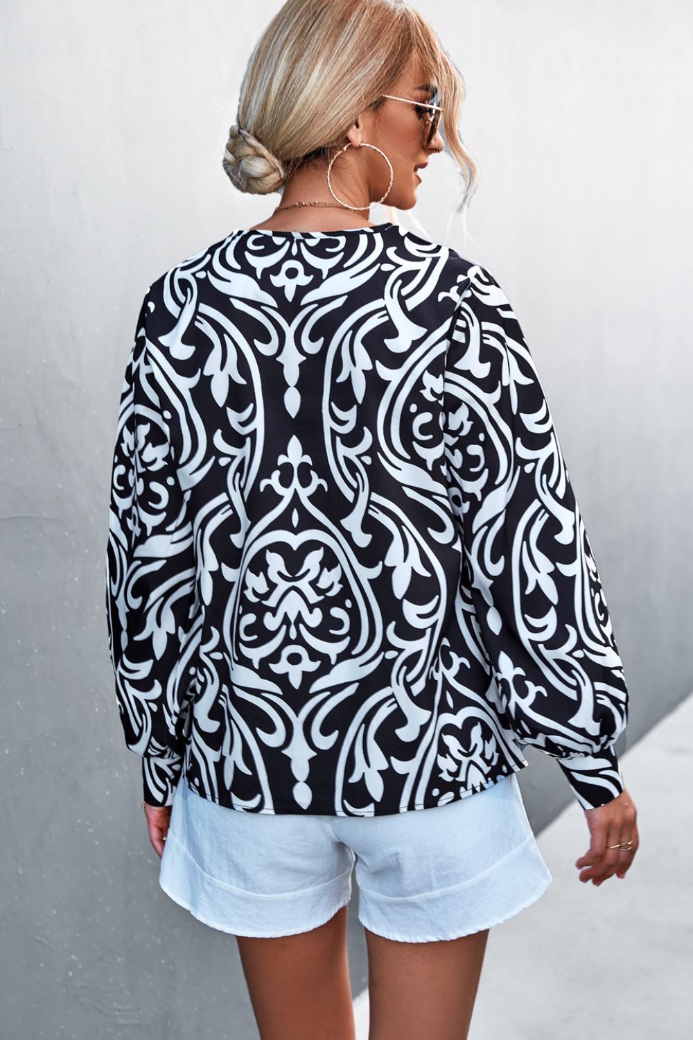 Damask Lantern Sleeve V-Neck Top