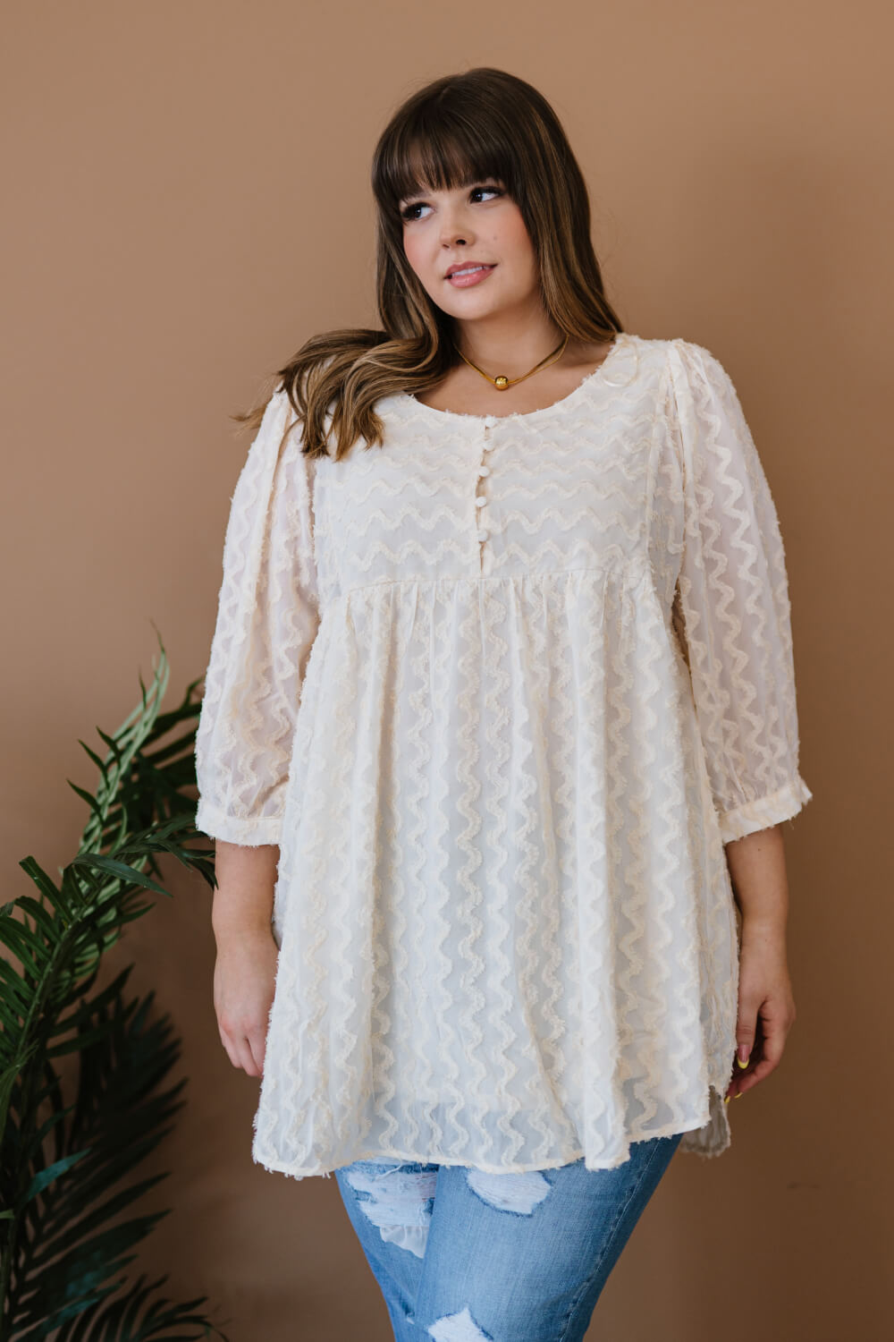 Davi & Dani Wave Hello Full Size Run Textured Babydoll Blouse