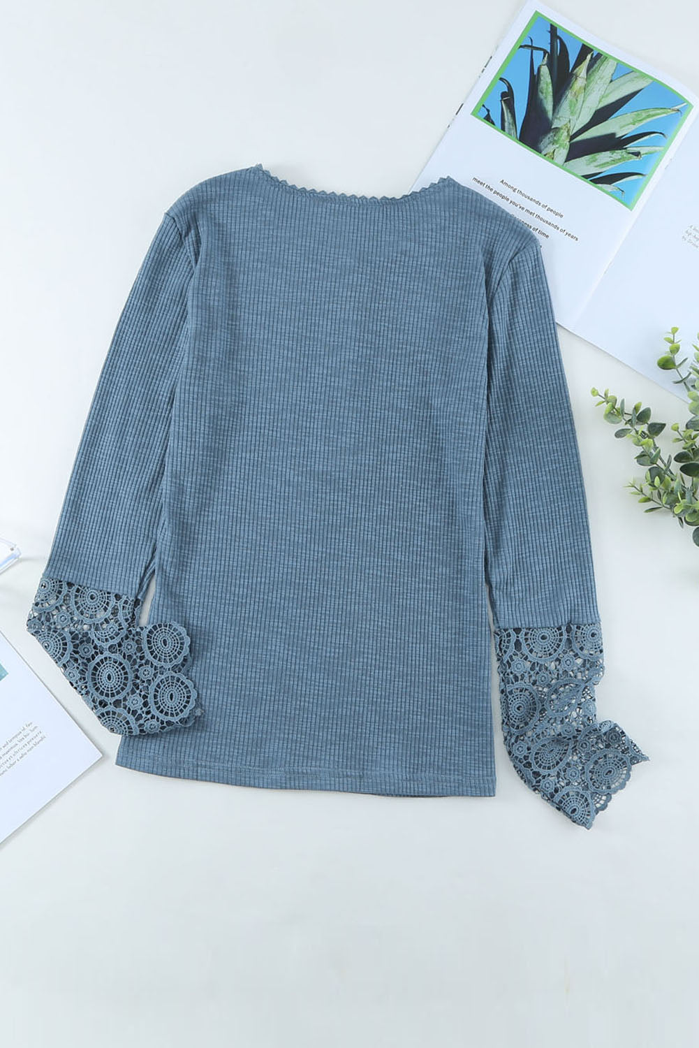 Crochet Lace Hem Sleeve Button Top