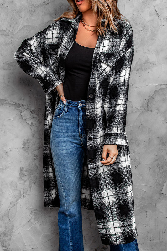 Plaid Button Down Dropped Shoulder Duster Coat