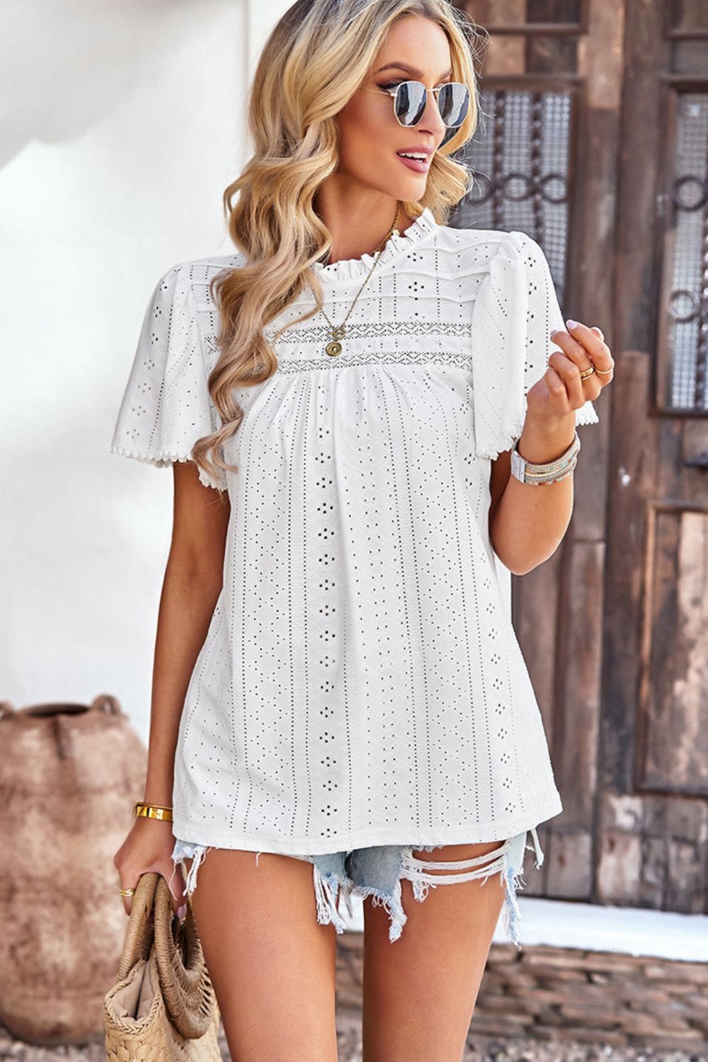 Frill Trim Round Neck Eyelet Puff Sleeve Blouse