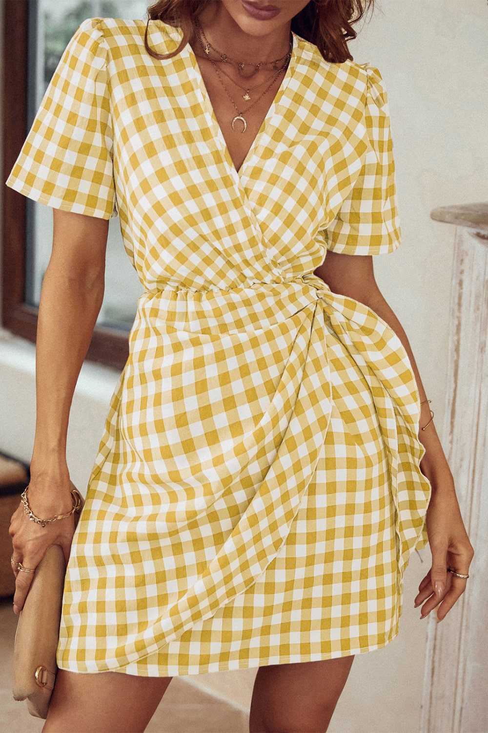 Gingham Bow Detail Surplice Dress