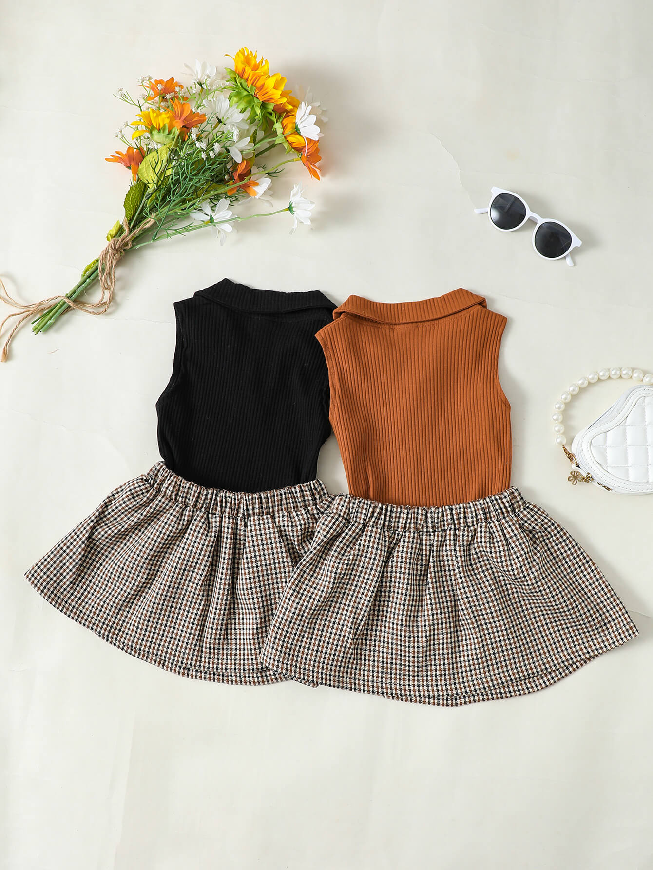 Girls Ribbed Sleeveless Top and Plaid Skirt Set