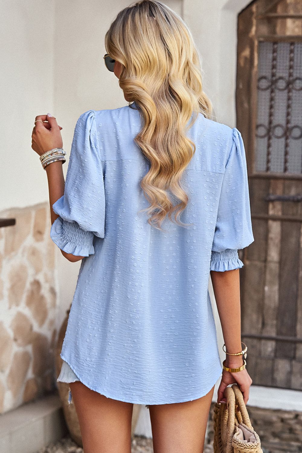 Textured Notched Neck Puff Sleeve Blouse