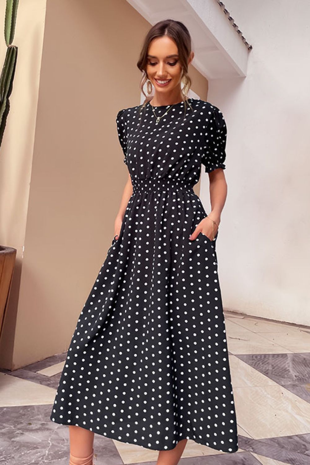 Polka Dot Short Puff Sleeve Midi Dress