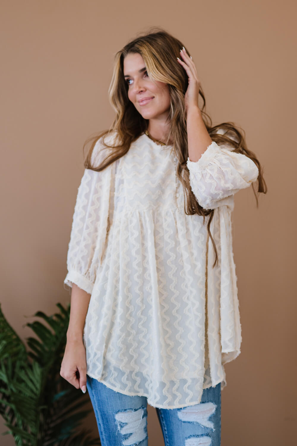 Davi & Dani Wave Hello Full Size Run Textured Babydoll Blouse