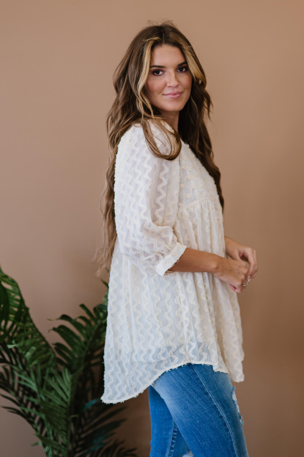 Davi & Dani Wave Hello Full Size Run Textured Babydoll Blouse