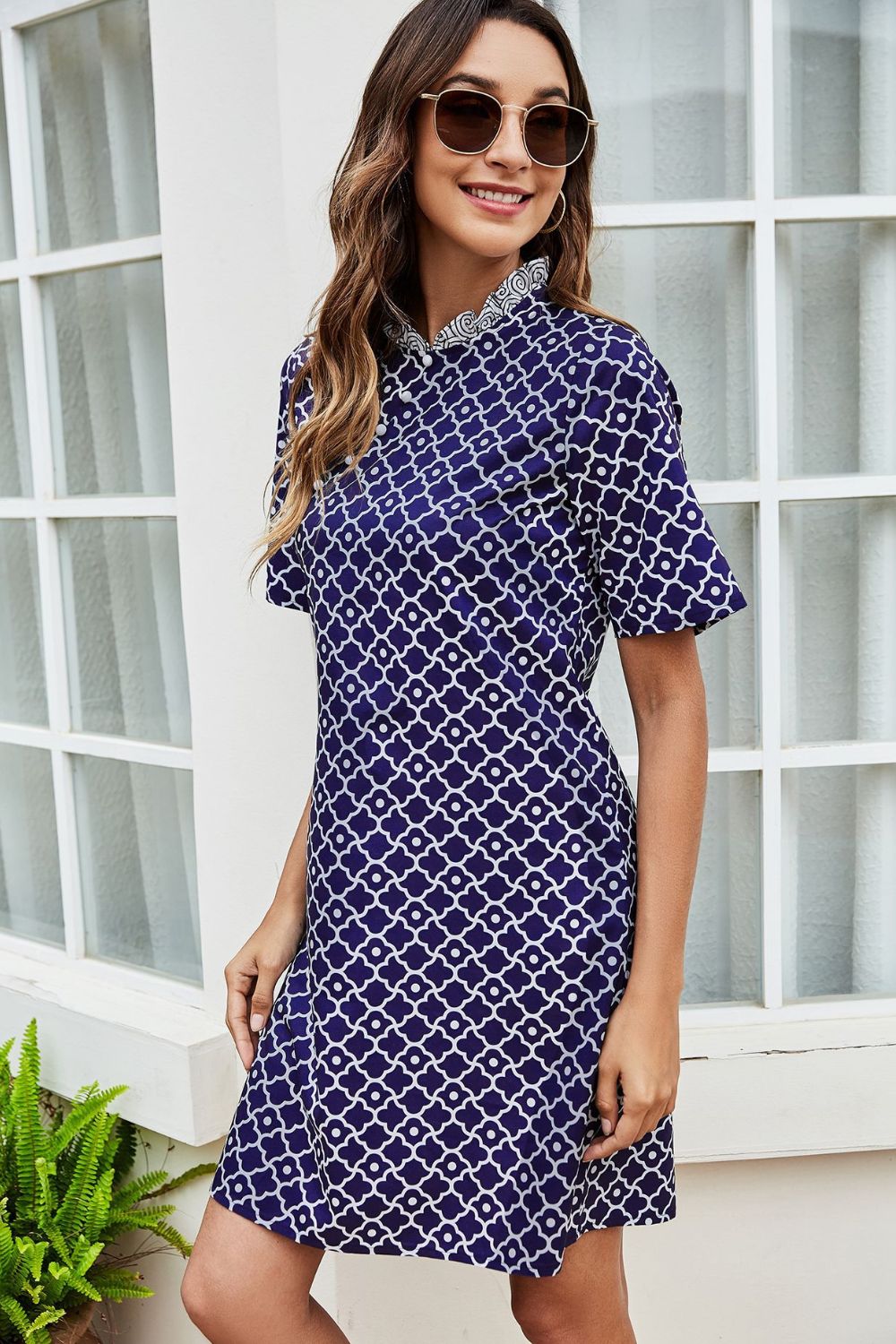 Printed Asymmetrical Button Side Slit Dress