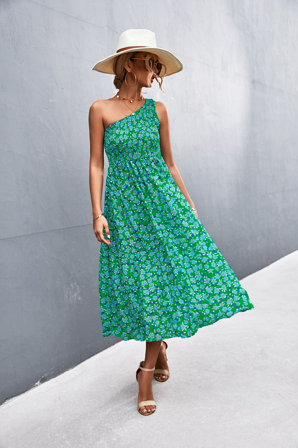 Floral Smocked One-Shoulder Midi Dress