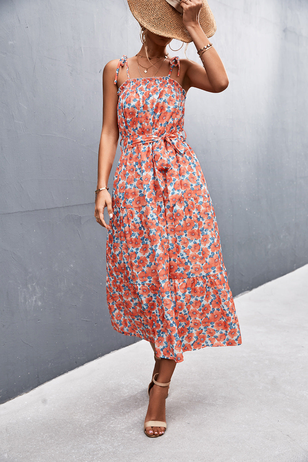 Floral Tie-Shoulder Belted Midi Dress