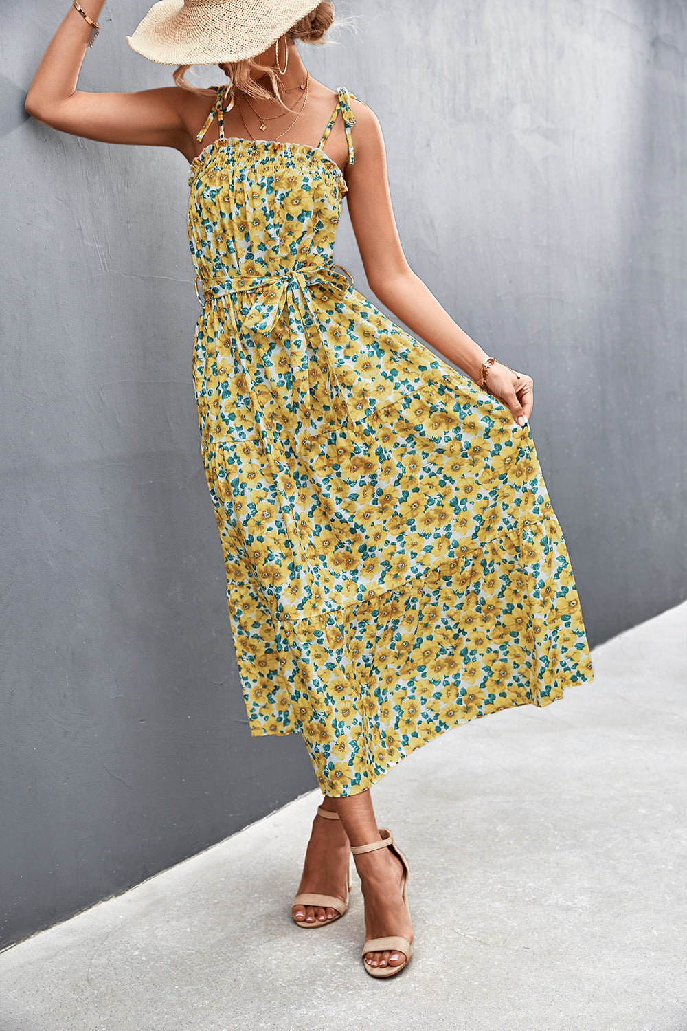 Floral Tie-Shoulder Belted Midi Dress