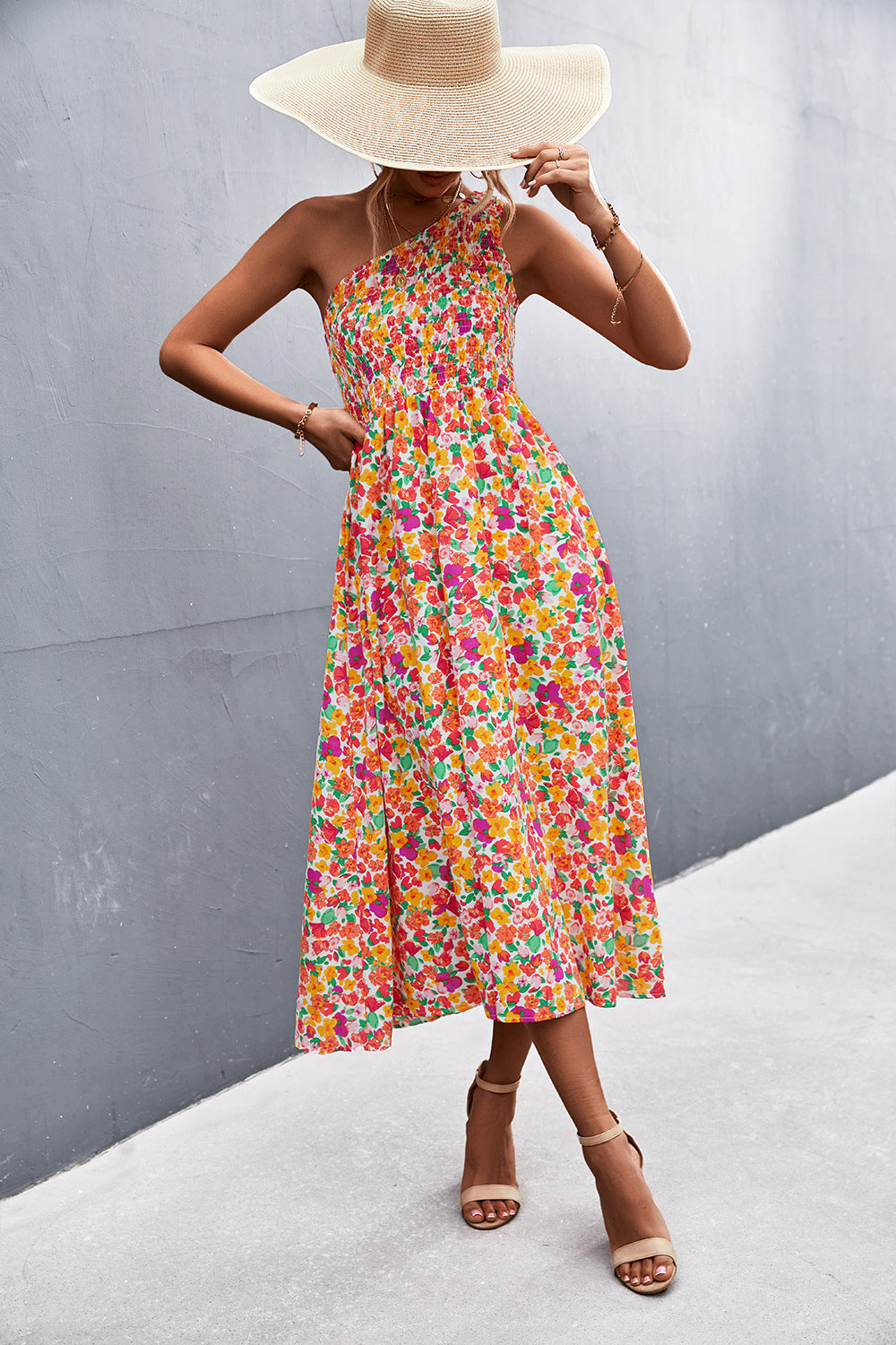 Floral Smocked One-Shoulder Midi Dress