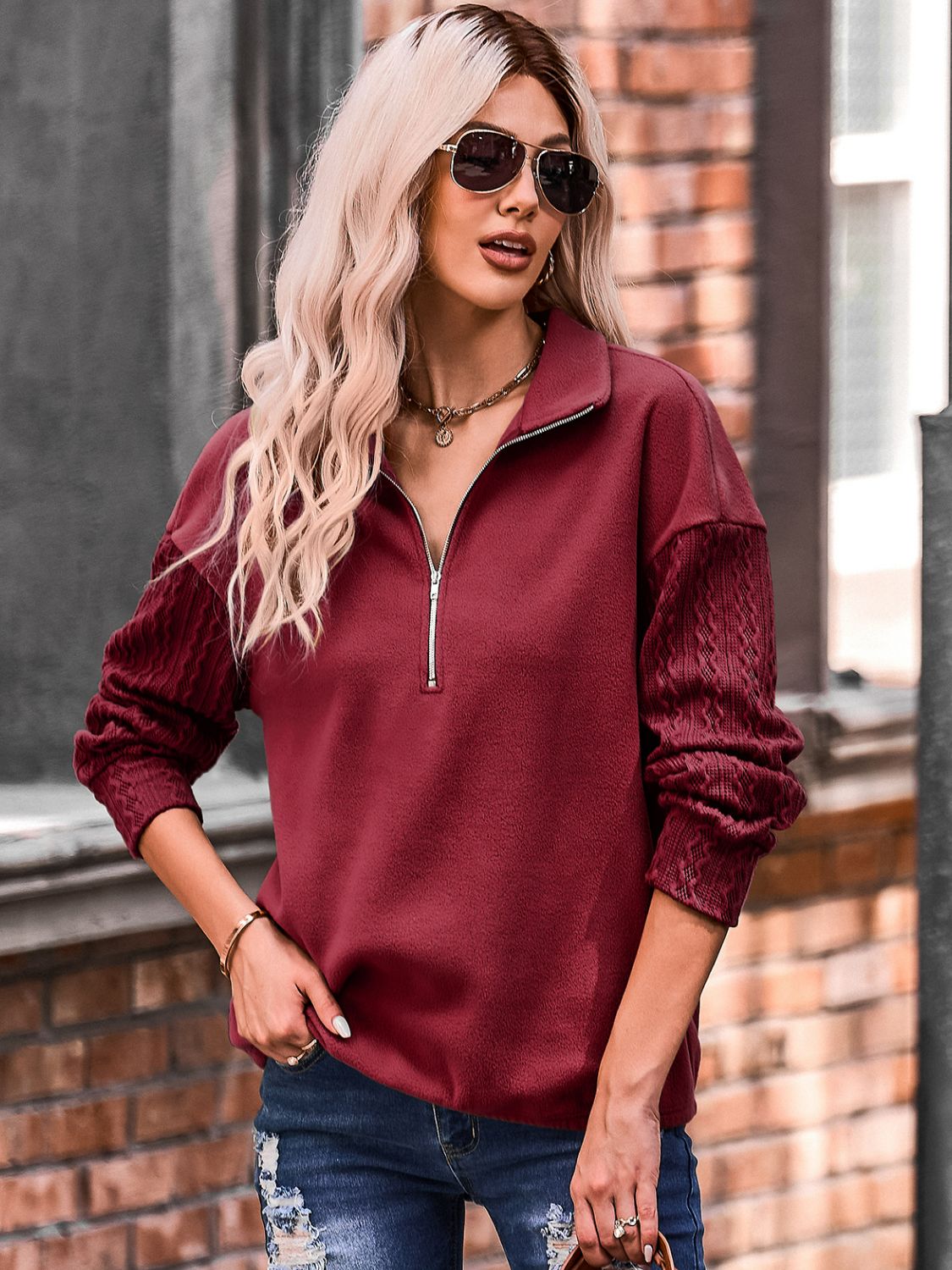 Quarter Zip Dropped Shoulder Spliced Sweatshirt