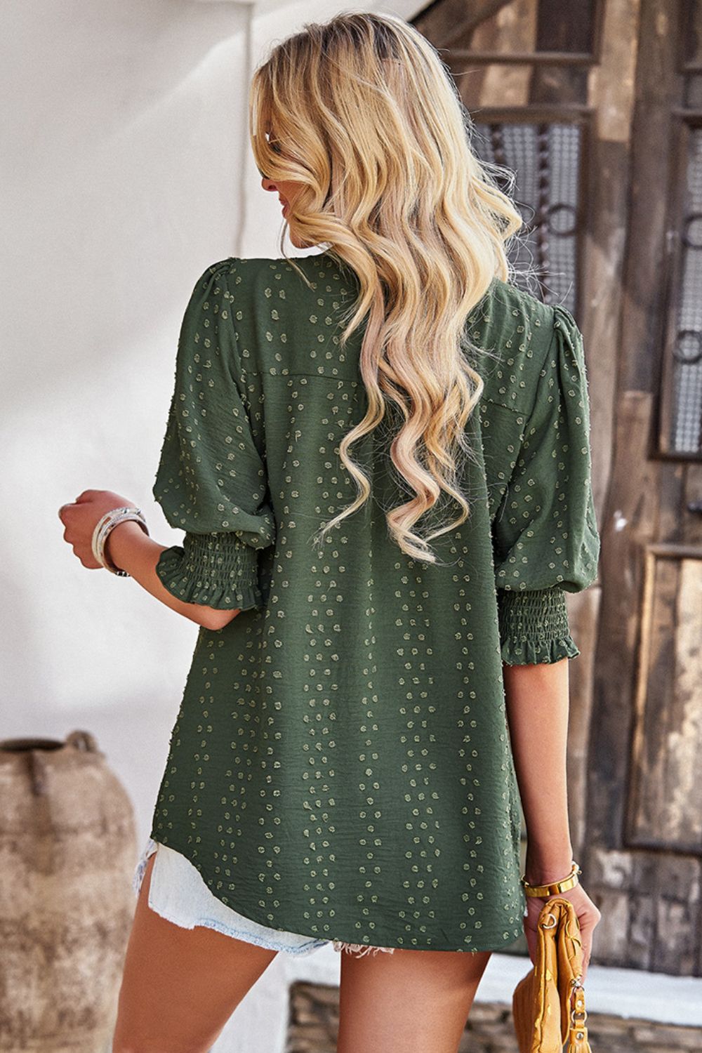 Textured Notched Neck Puff Sleeve Blouse