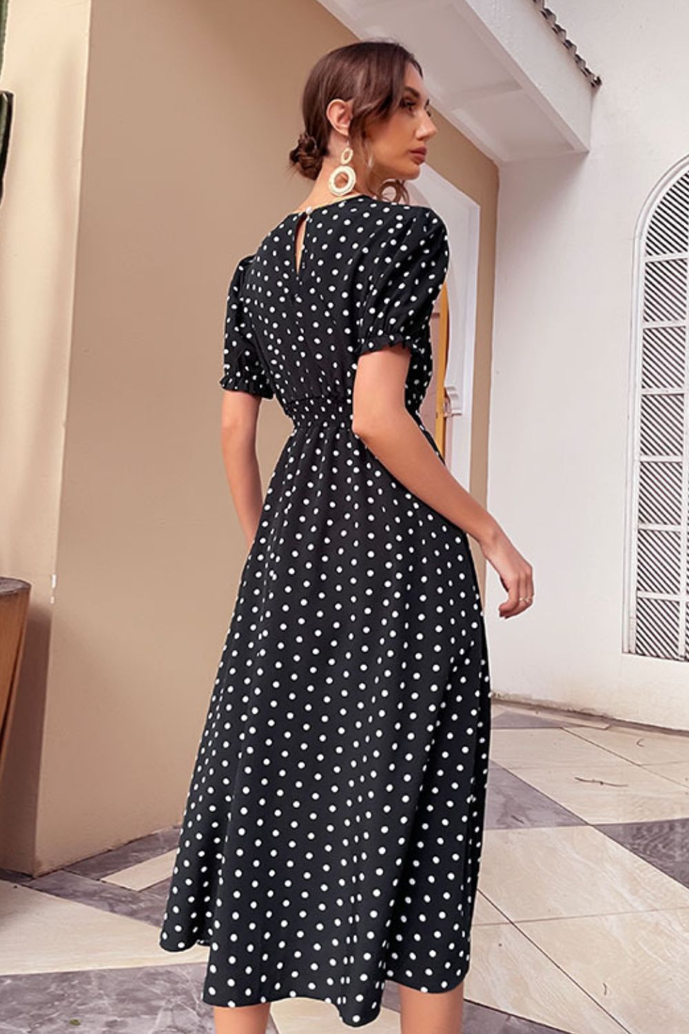 Polka Dot Short Puff Sleeve Midi Dress