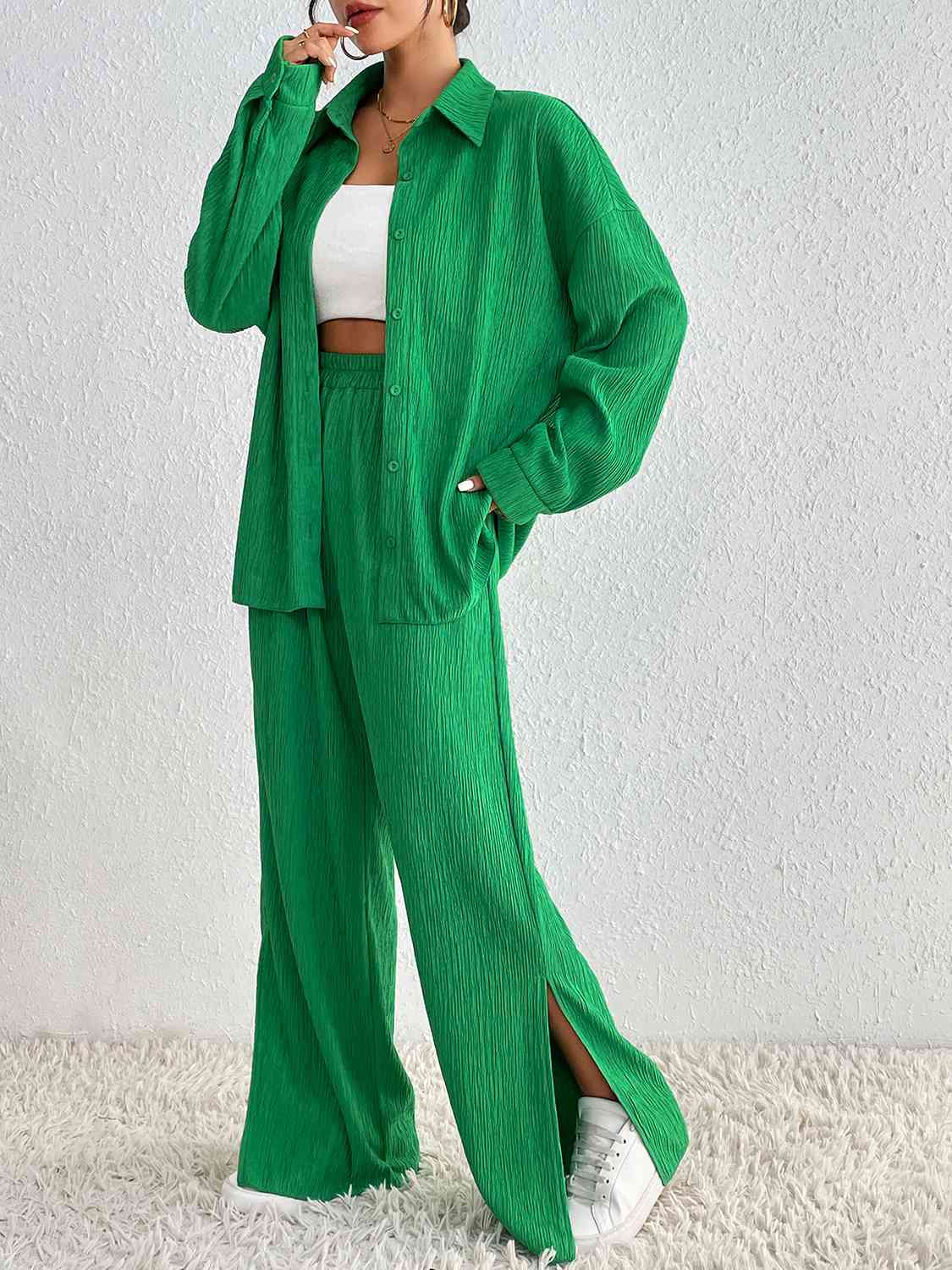 Collared Neck Shirt and Slit Pants Set