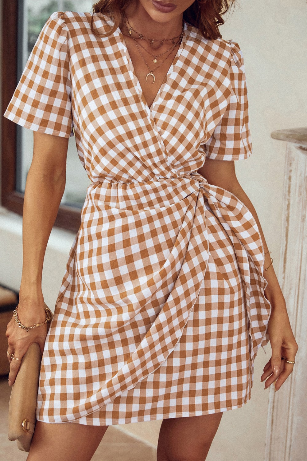 Gingham Bow Detail Surplice Dress