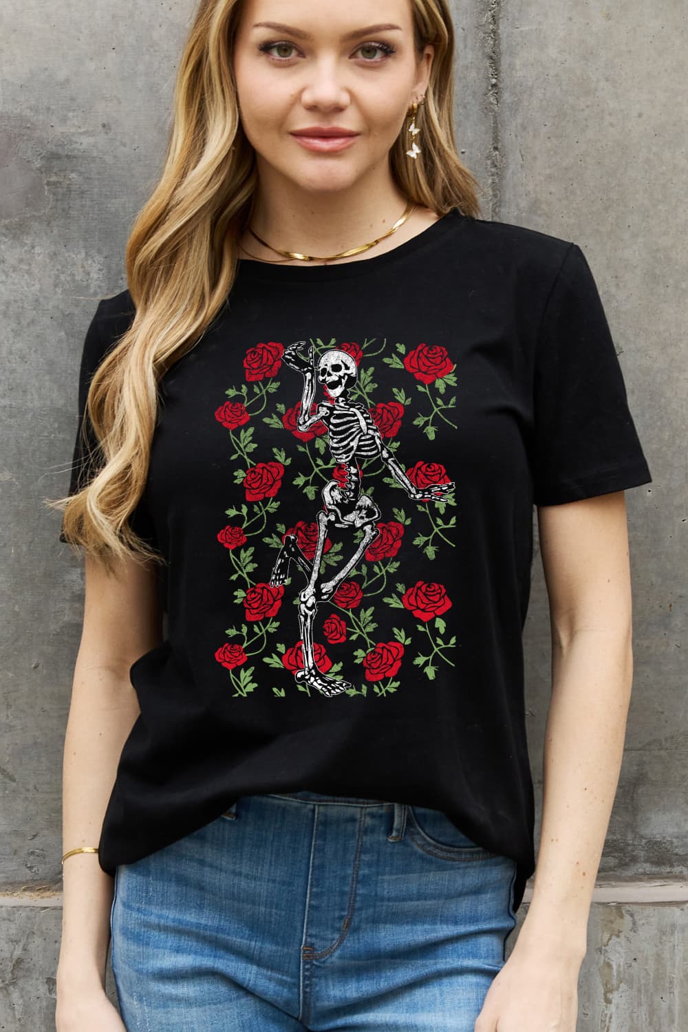 Simply Love Full Size Skeleton & Rose Graphic Cotton Tee