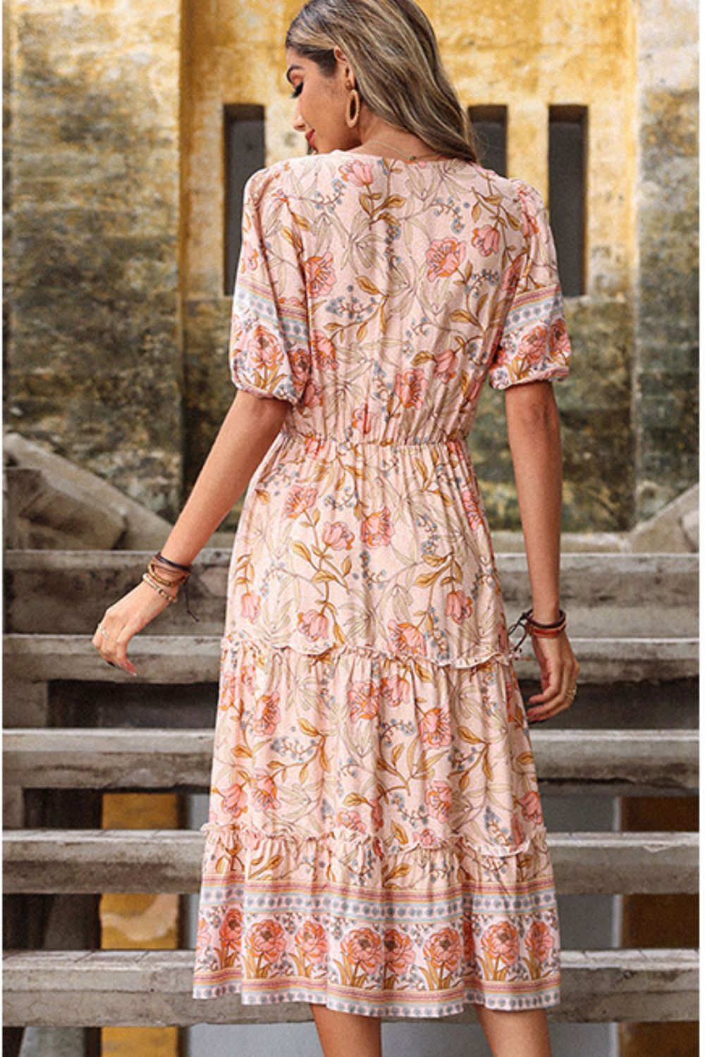 Floral Frill Trim Surplice Midi Dress