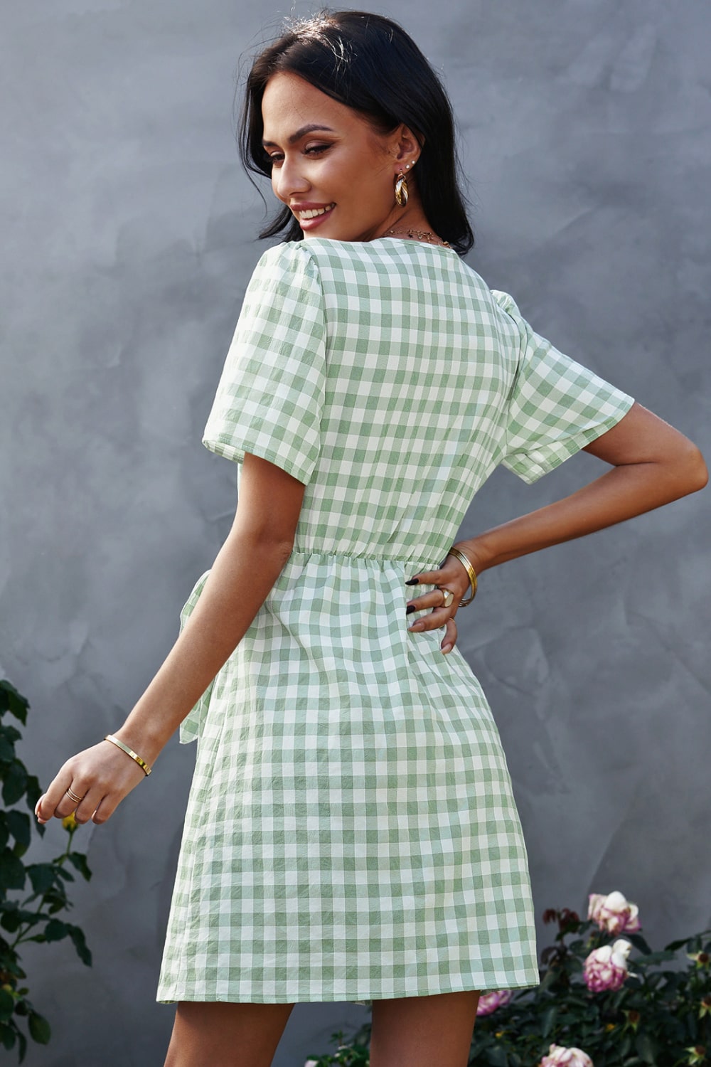 Gingham Bow Detail Surplice Dress