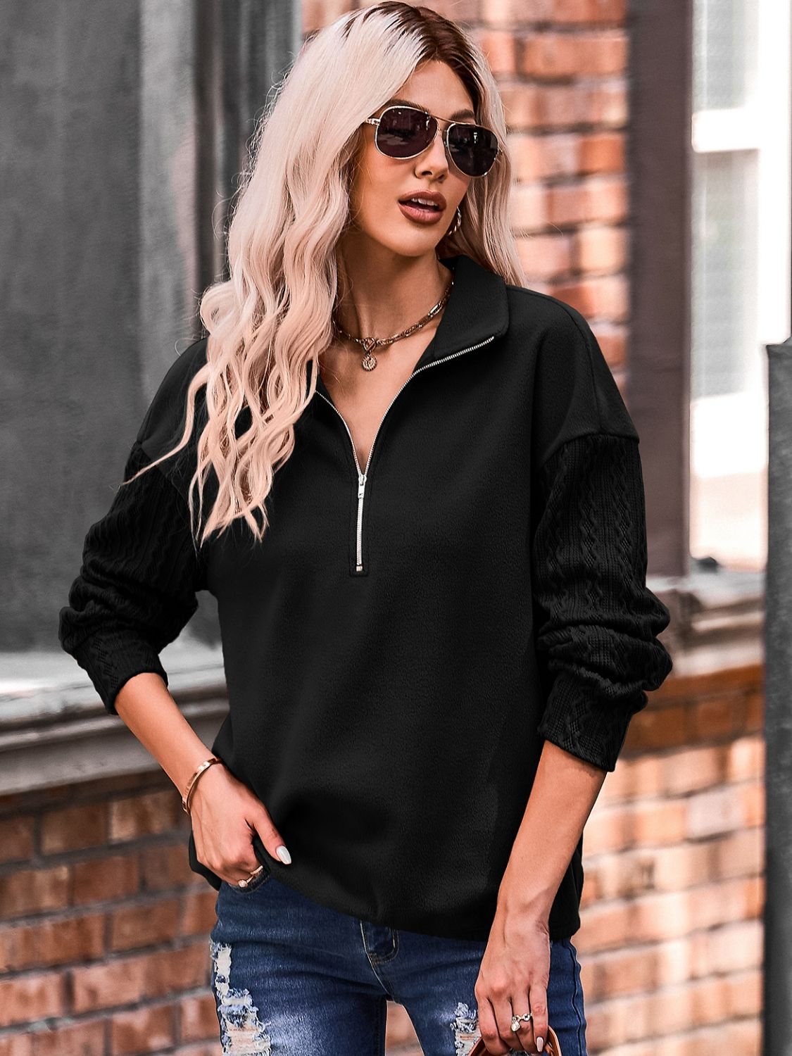 Quarter Zip Dropped Shoulder Spliced Sweatshirt