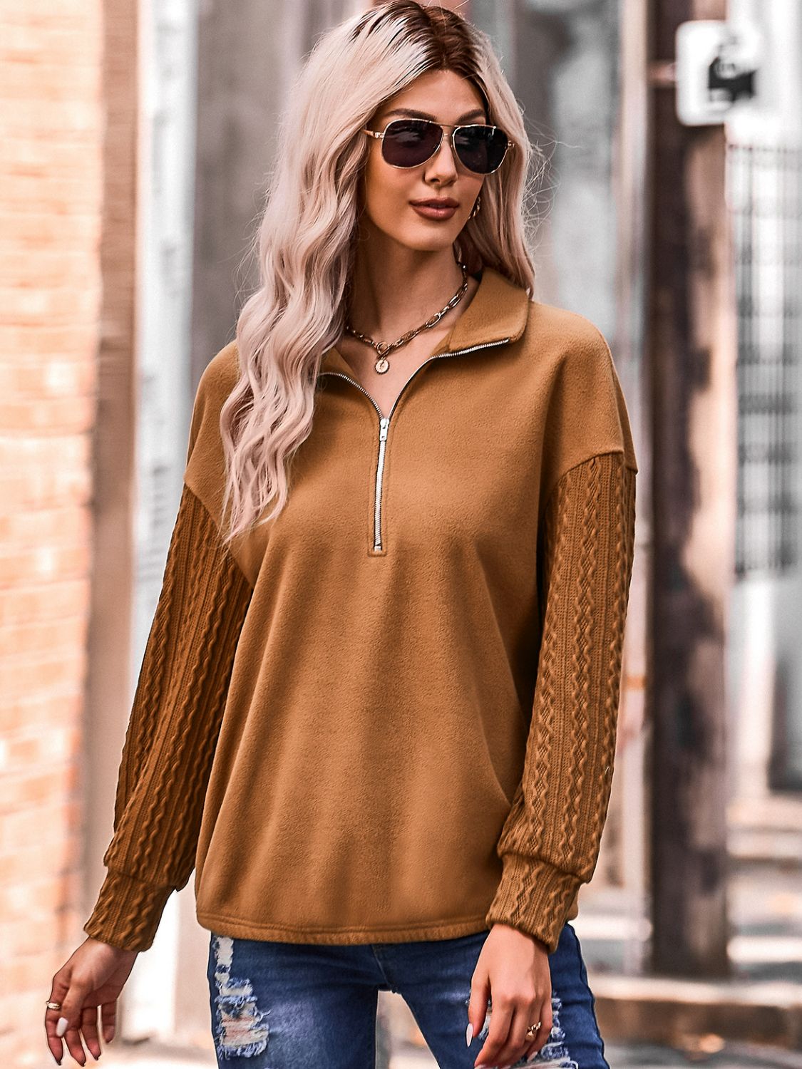 Quarter Zip Dropped Shoulder Spliced Sweatshirt