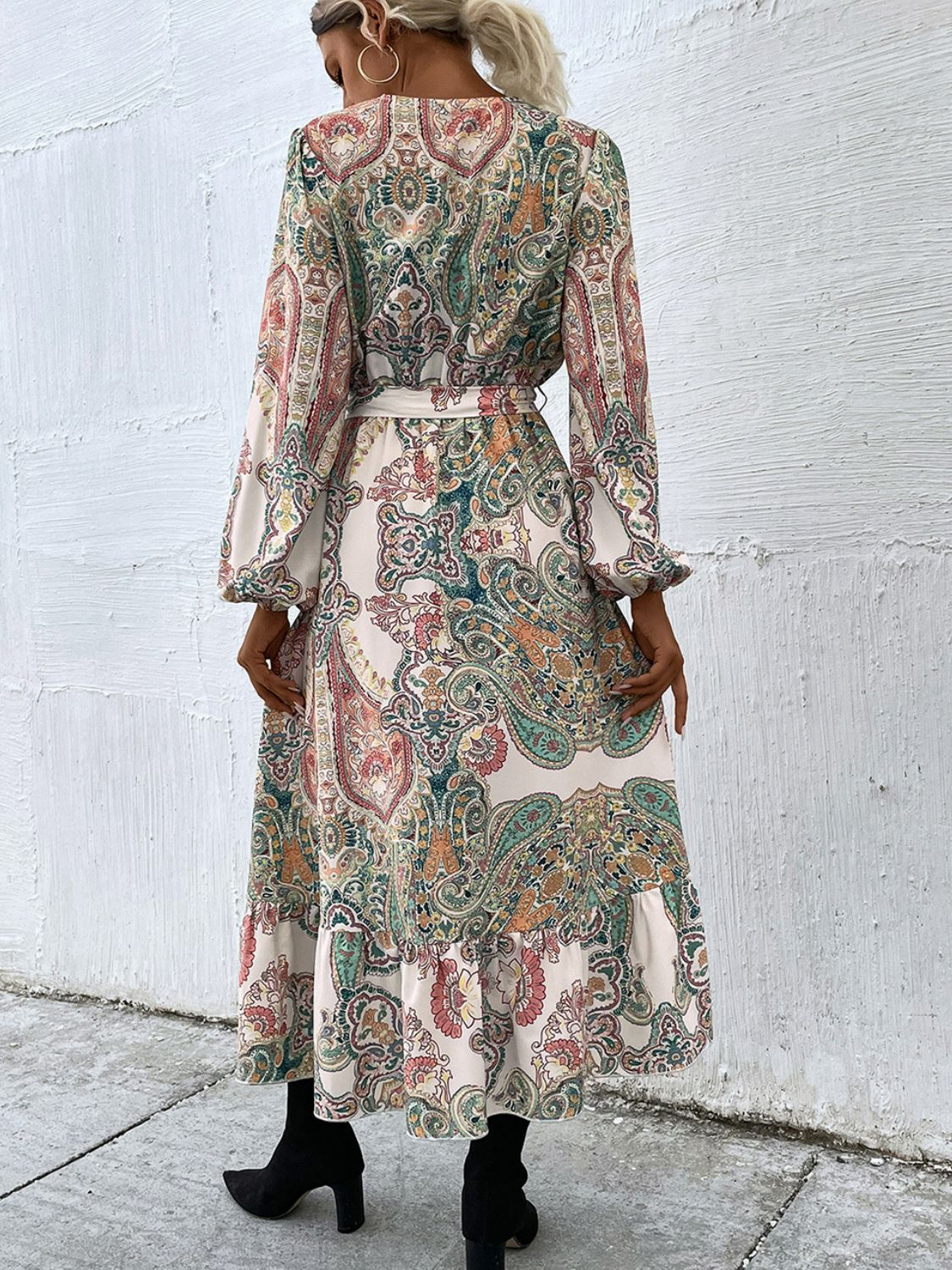 Paisley Belted Balloon Sleeve Surplice Dress