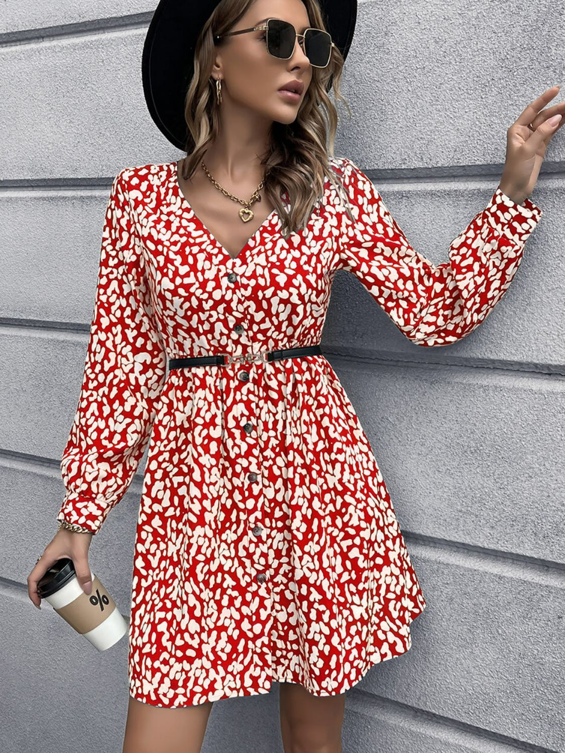 Animal Print Buttoned V-Neck Long Sleeve Dress