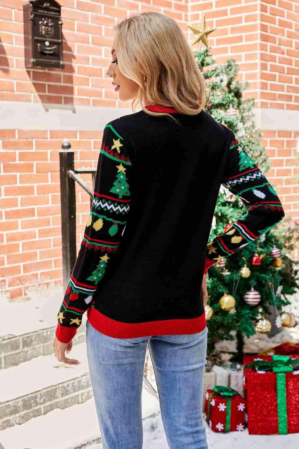 Christmas Print Sequin Round Neck Sweater