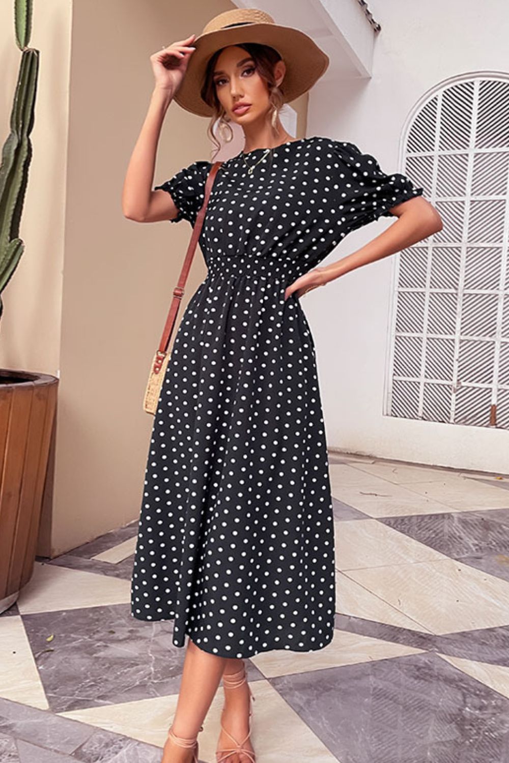 Polka Dot Short Puff Sleeve Midi Dress