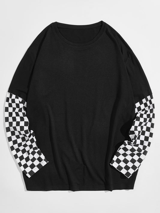 Checkered Long Sleeve Round Neck Tee