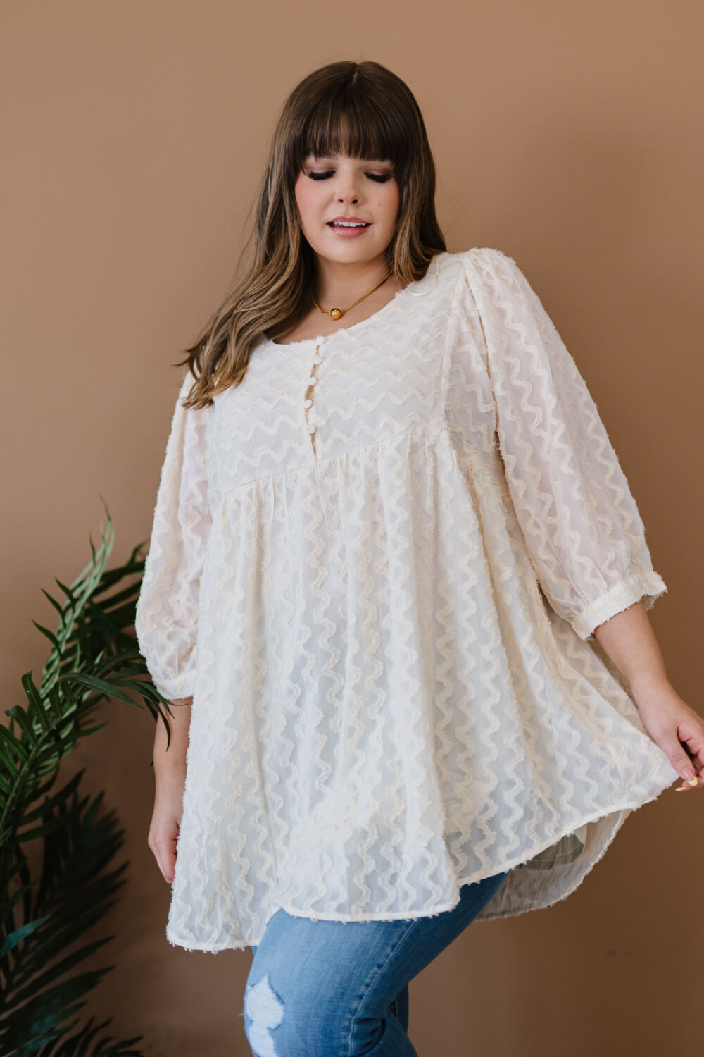 Davi & Dani Wave Hello Full Size Run Textured Babydoll Blouse