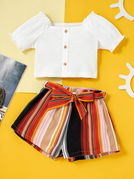 Girls Ribbed Top and Striped Belted Shorts Set