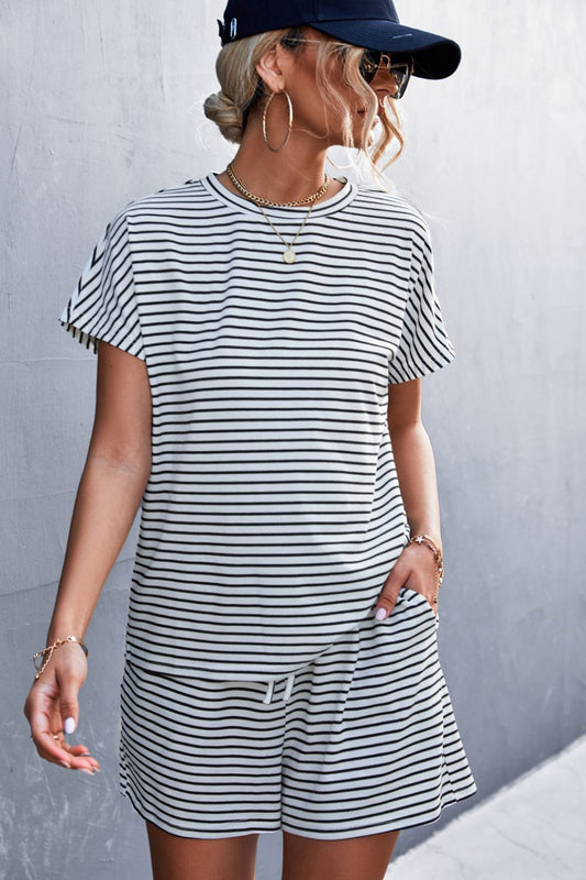 Striped Round Neck Tee and Shorts Set