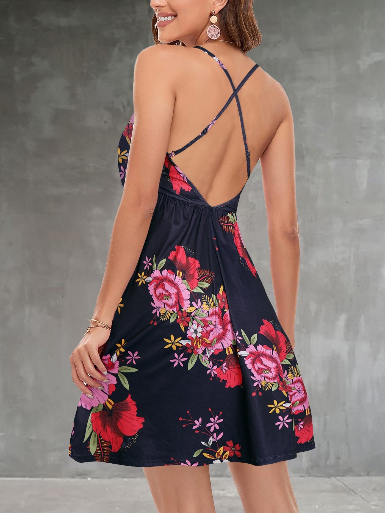 Floral Surplice Backless Dress